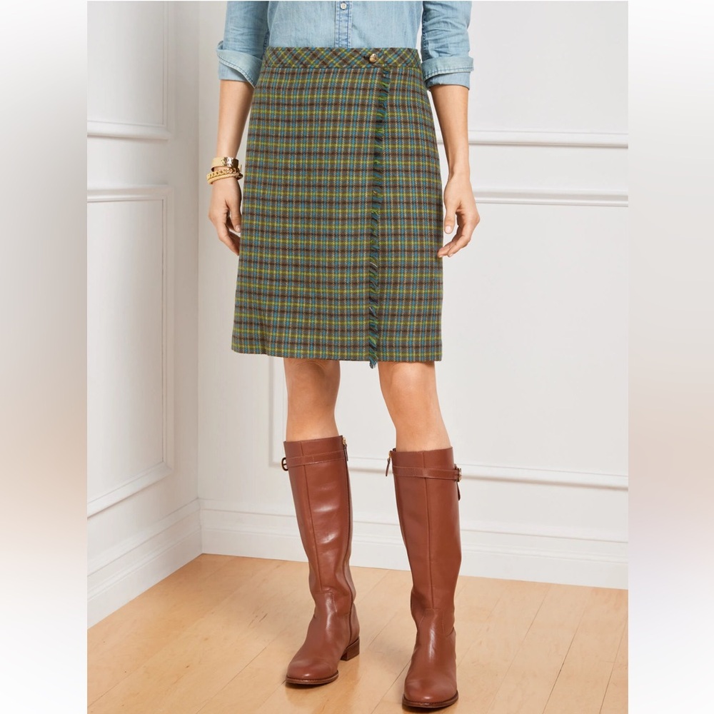 NWT Talbots 8 Petite Fringe A-Line Wrap Skirt - Apple Plaid